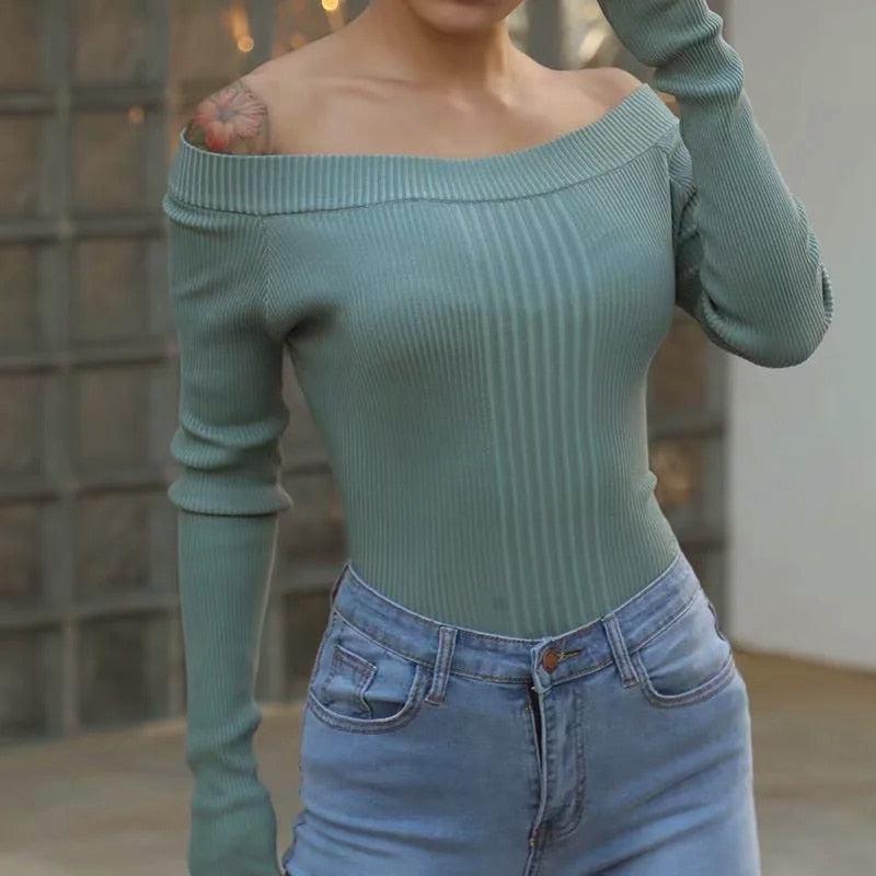 CASUAL OFF SHOULDER KNITTED BODYSUIT - Qokys