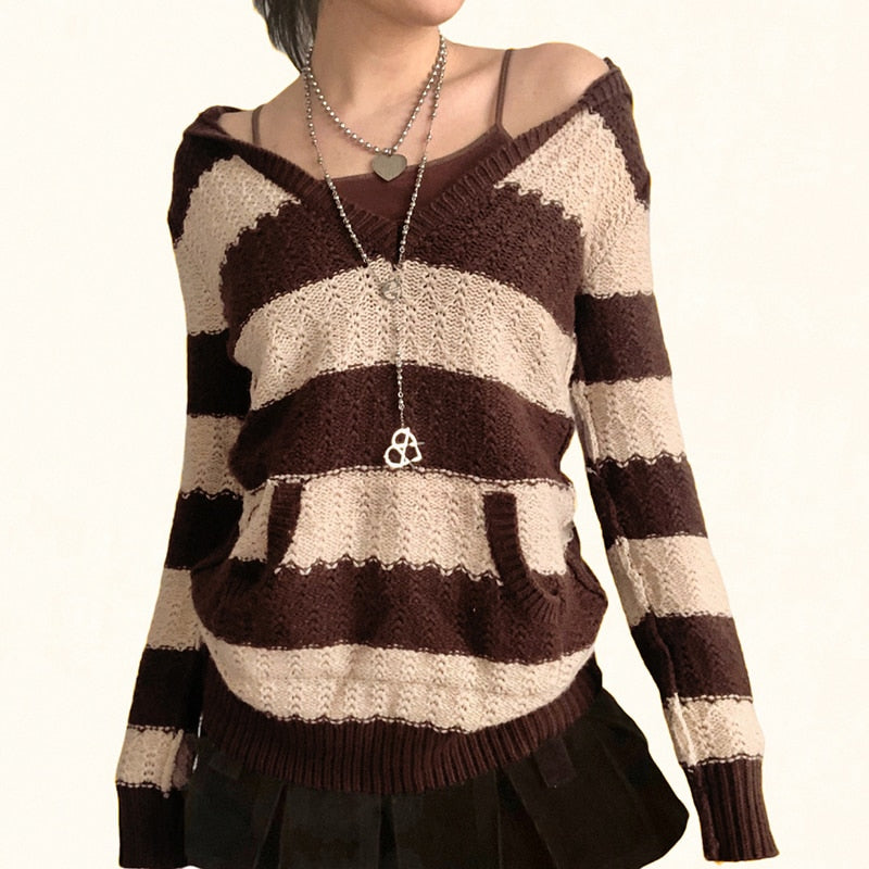 Y2K STRIPED HOODED SWEATER - Qokys